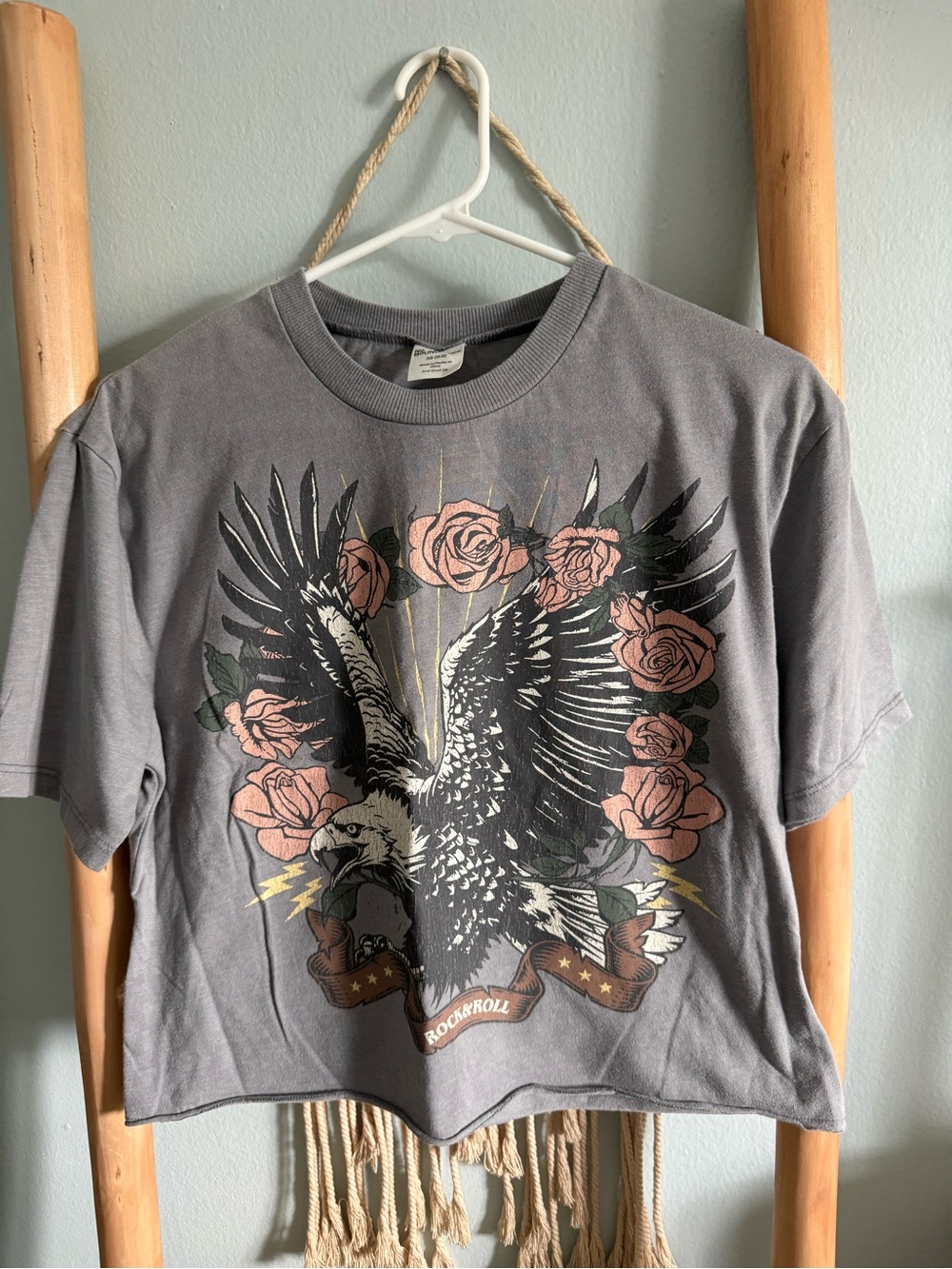 No Boundaries Gray Eagle Tee with Pink Roses and Gold Accents